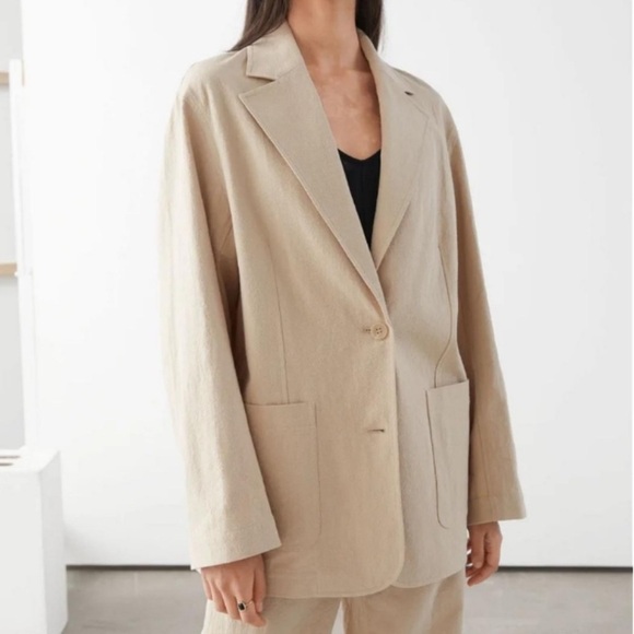 Other Stories Tan Linen Button Down Oversized Blazer Jacket Coat